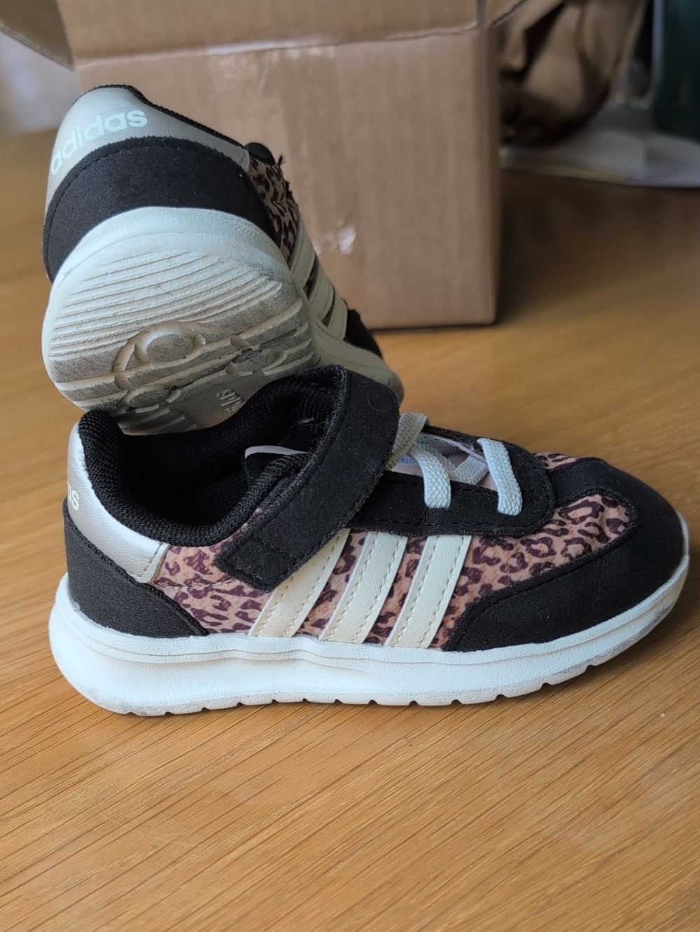 Adidas Kids Black and Pink Leopard Print Athletic Shoes